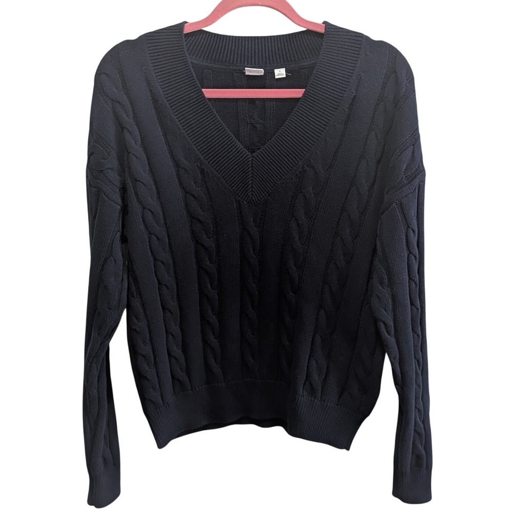 GAP Womens Cable Knit Sweater S V Neck Navy Uniform Preppy Coastal Cottagecore